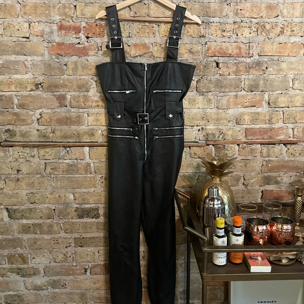 faux leather we wore what biker inspired jumpsuit w silver accents